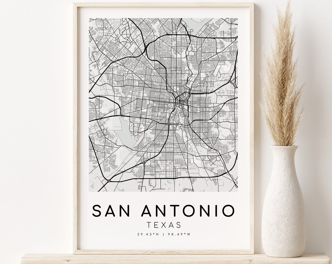 San Antonio Texas City Street Map Poster With Coordinates Text Decor