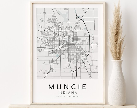 Muncie Indiana Minimalist City Street Map Print With Coordinates