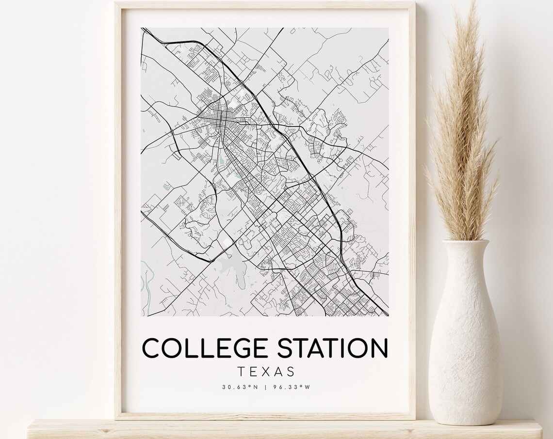 College Station Texas City Map Street Grid Minimalist Travel Art Poster