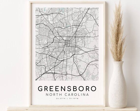 Greensboro North Carolina Minimalist Black Street Map Poster