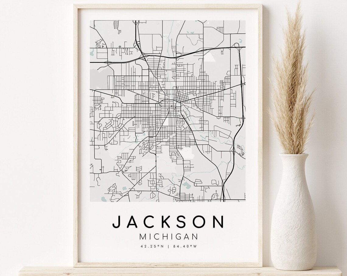 Jackson Michigan Minimalist City Street Map Print With Coordinates