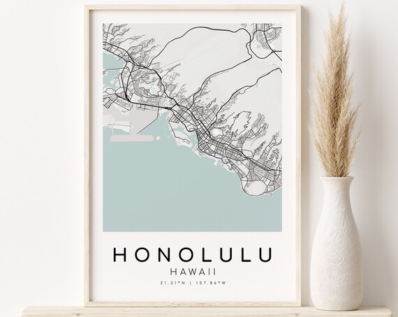 Honolulu Hawaii Minimalist City Street Map Coordinates Travel Poster
