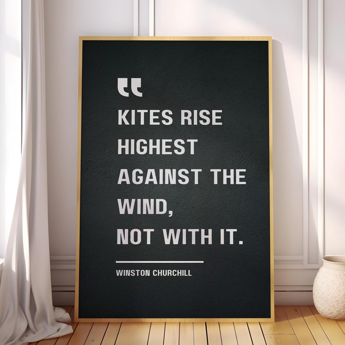 Winston Churchill Kites Rise Highest Against Wind Quote Black Poster