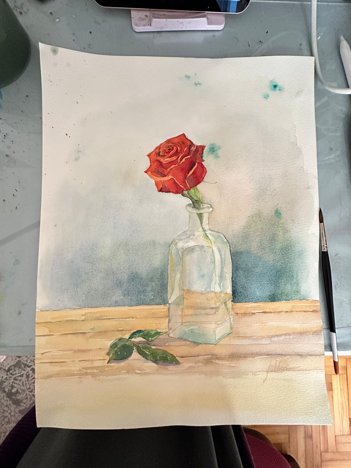 Single Red Rose in Glass Bottle Still Life Watercolor Painting Poster - Image 5