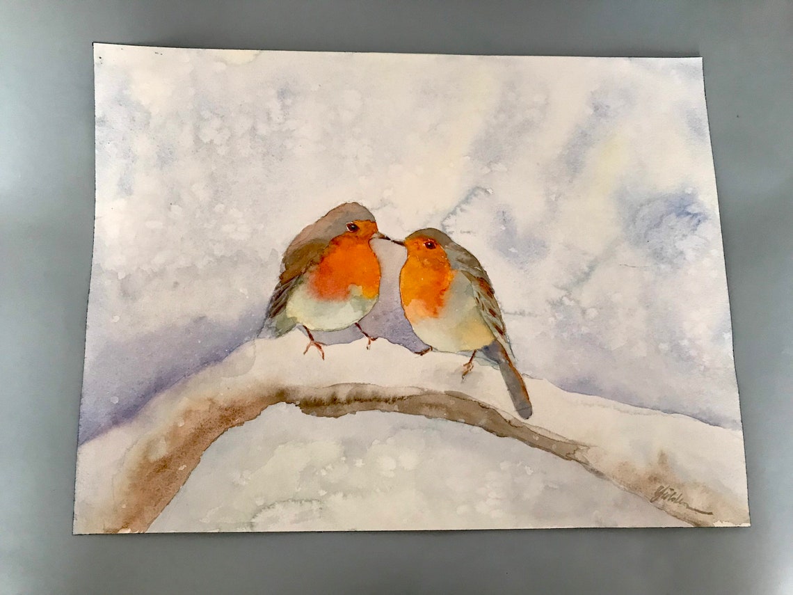 Two European Robins on a Snowy Branch Winter Watercolor Poster - Image 4
