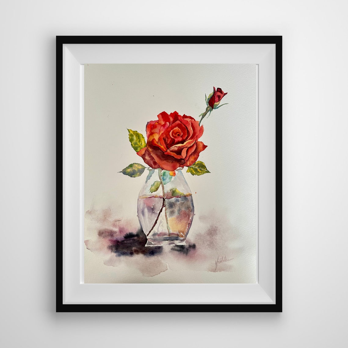Single Red Rose with Bud in a Clear Glass Vase Watercolor Poster - Image 7