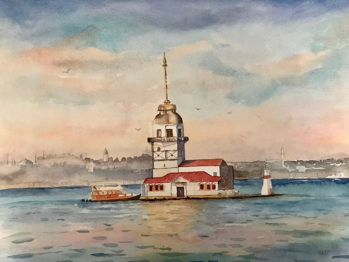 Istanbul Original Watercolor Painting City Landscape Art Istanbul Painting Wall Decor Istanbul Watercolor Nautical Wall Art