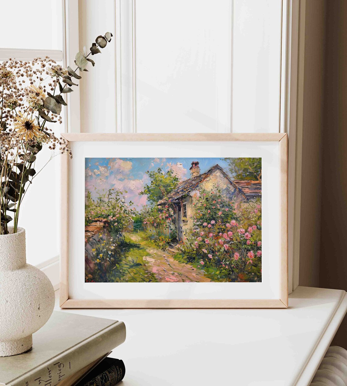 Cottage Rose Garden Wall Art Vintage Cottage Oil Painting Spring Landscape Wall Art Farmhouse Print Wa15 - Image 4