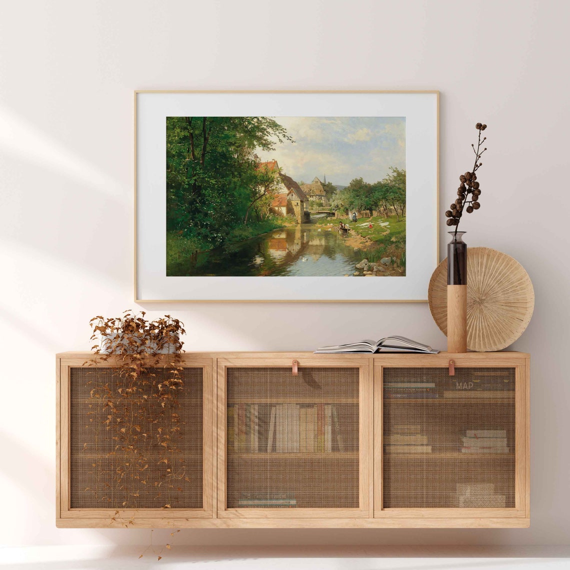Summer Village By A Reflective River With Stone Mill Houses Poster - Image 4
