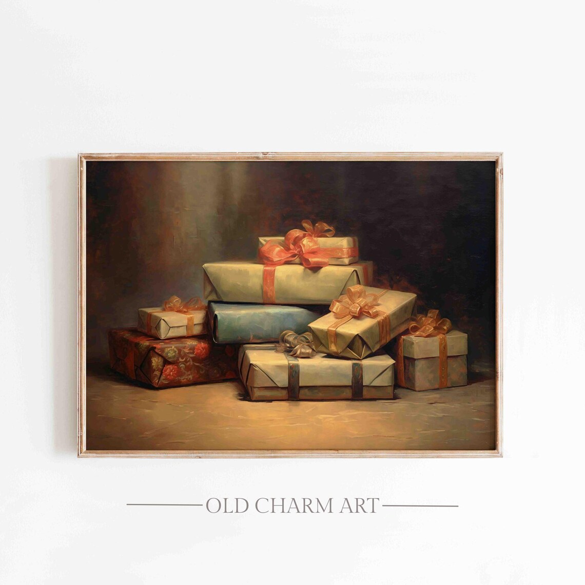 Stack Of Wrapped Christmas Gifts With Ribbons Warm Light Oil Poster