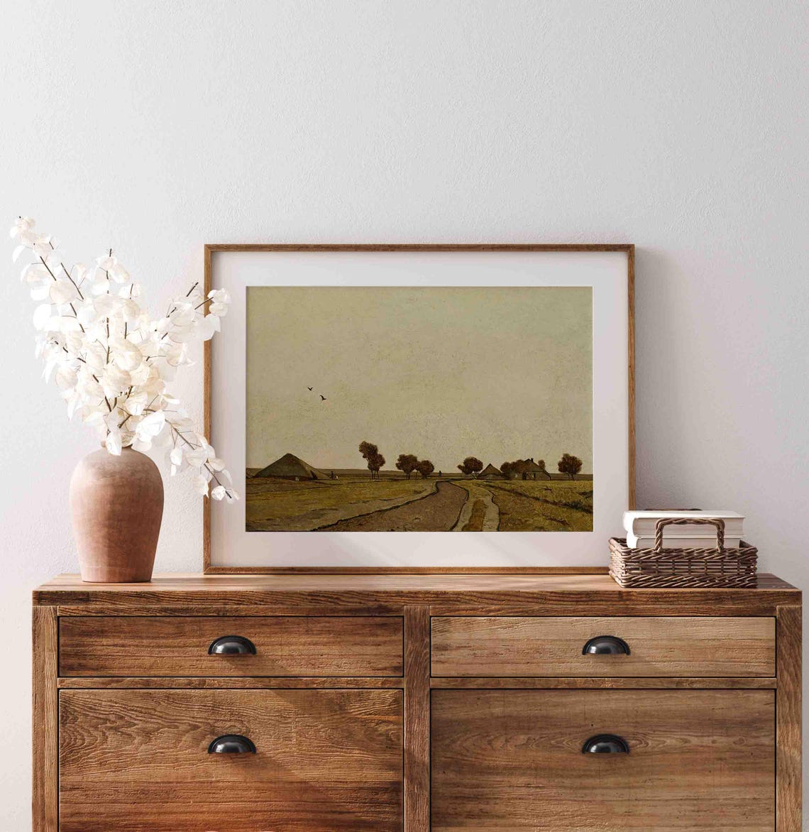 Minimalist Autumn Field With Distant Farm And Birds In Pale Sky Poster - Image 4