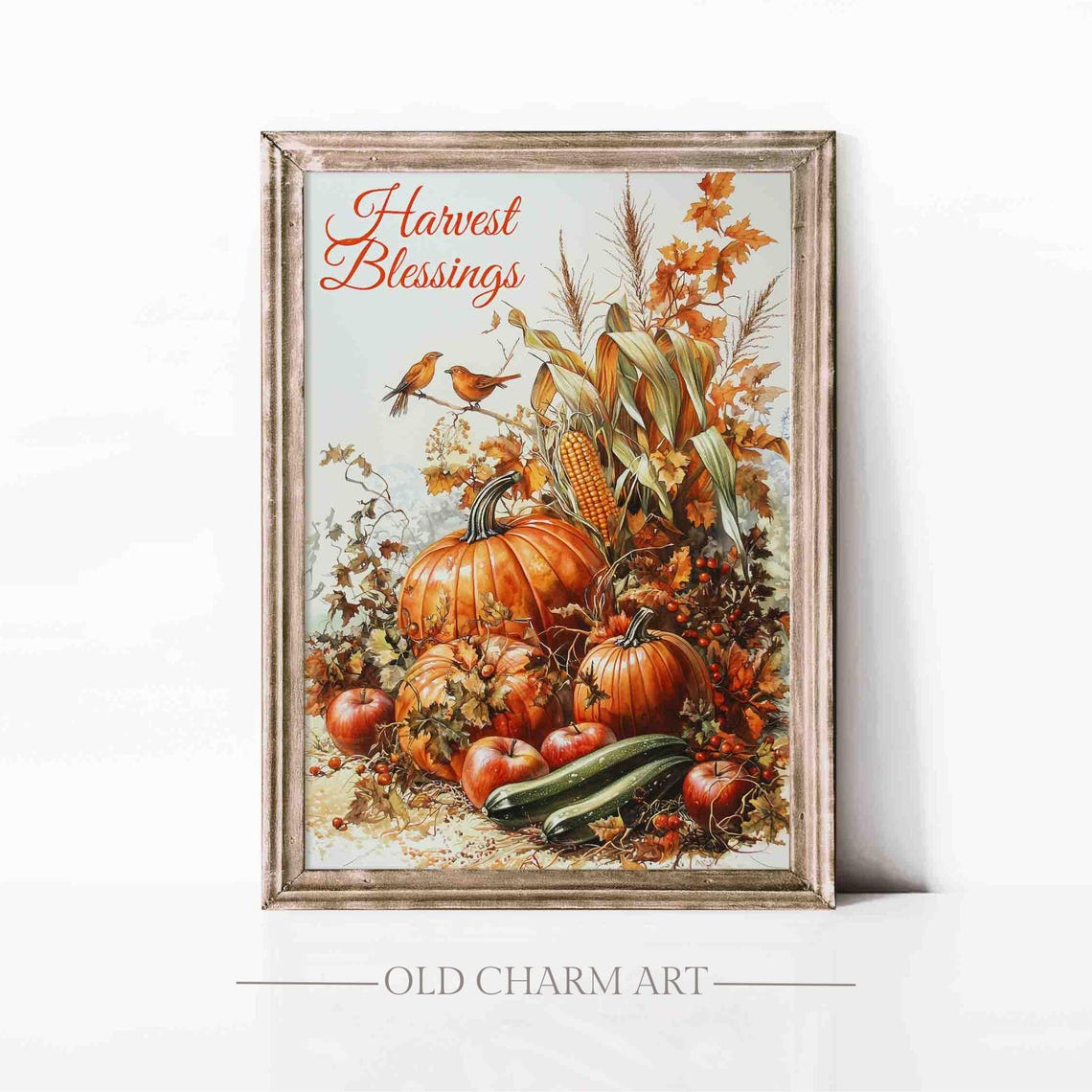 Harvest Blessings Print With Pumpkins Apples And Perched Fall Birds