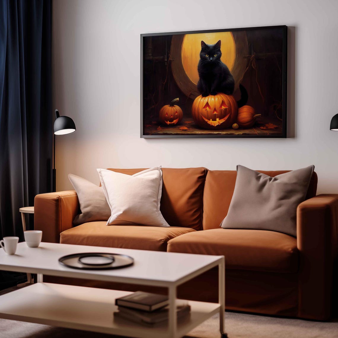 Black Cat Sitting On A Glowing Jack O Lantern With Pumpkins Poster - Image 2