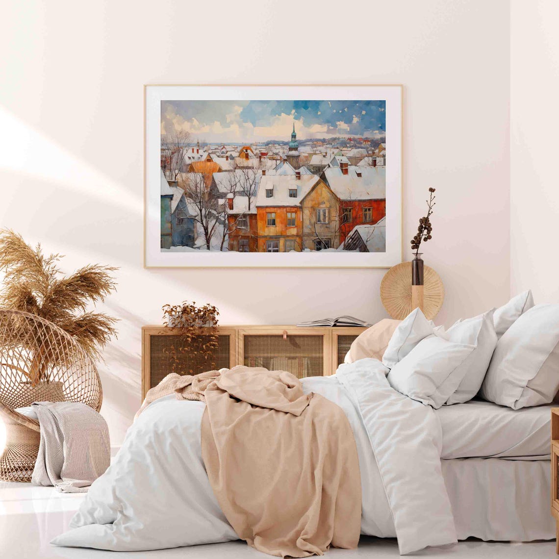 Old Winter Cityscape Snowy Rooftops Church Dome Painting Poster - Image 4