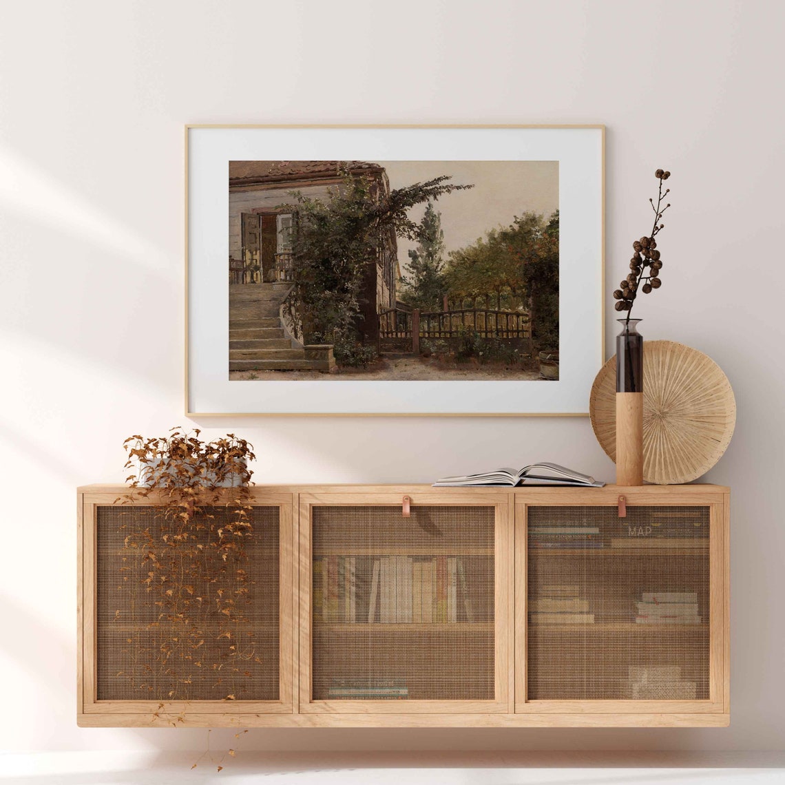 Old Cottage Staircase With Open Door And Lush Garden Greenery Poster - Image 2