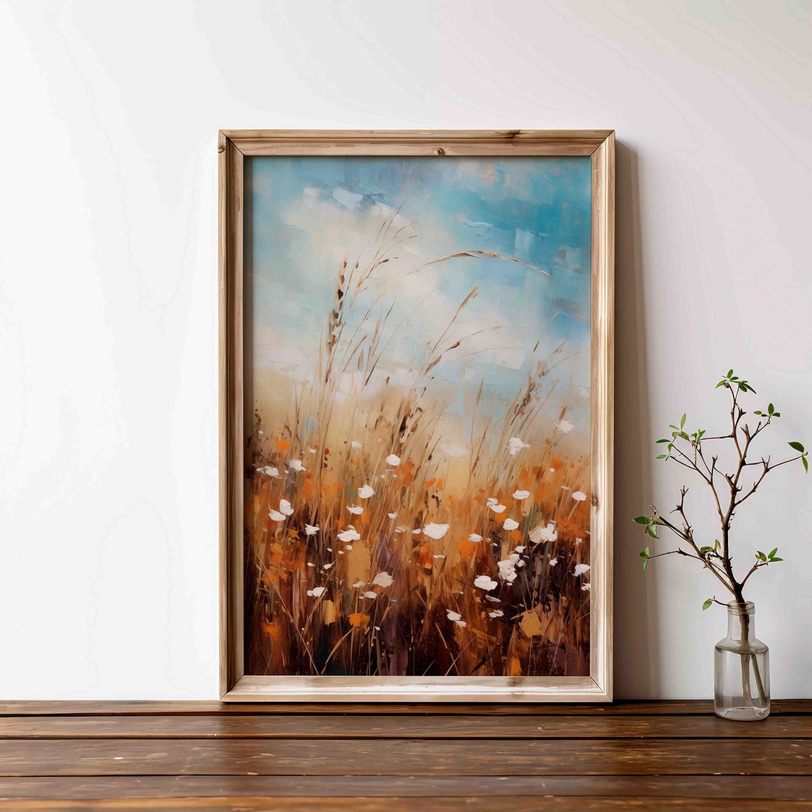 Bright Wildflower Meadow Tall Grasses Blue Sky Oil Painting Poster - Image 3