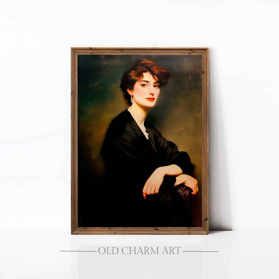 Elegant Red Haired Woman in Black Dress Vintage Oil Portrait Poster