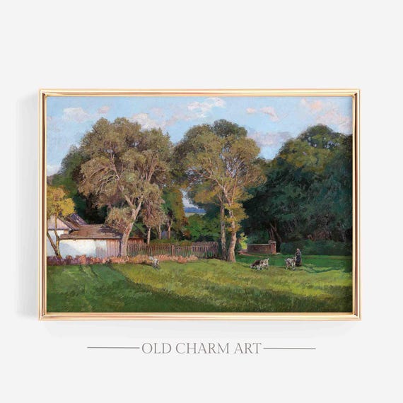 Rustic Landscape Print Vintage Country Scenery Painting Cottage Wall Art Wa128