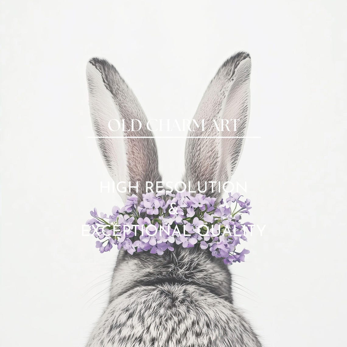 Bunny Back View Lavender Flower Crown White Minimalist Wall Art Poster - Image 2