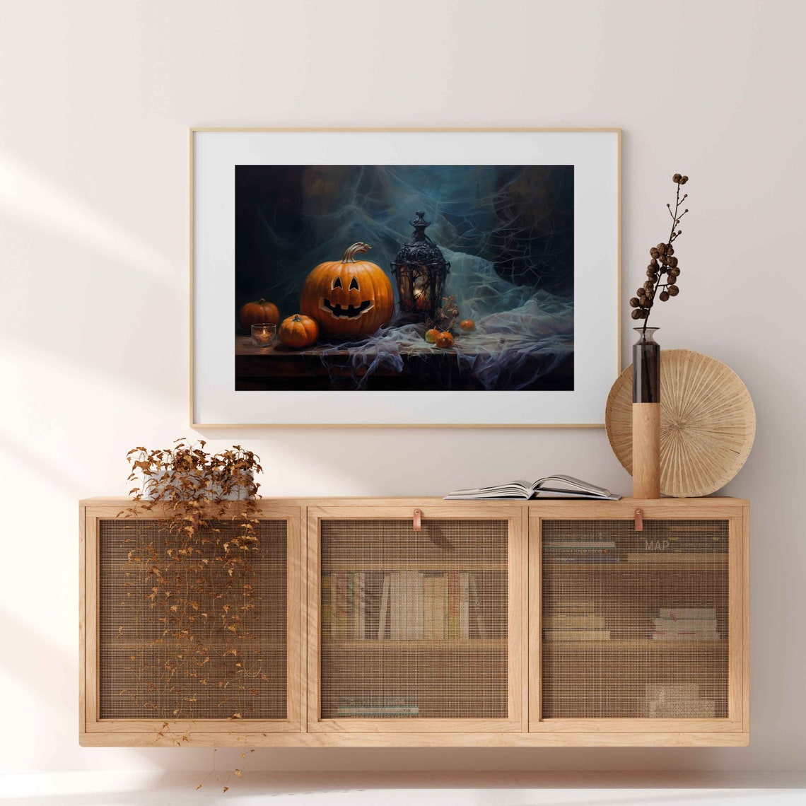 Jack O Lantern And Black Lantern Among Cobwebs On Halloween Poster - Image 4