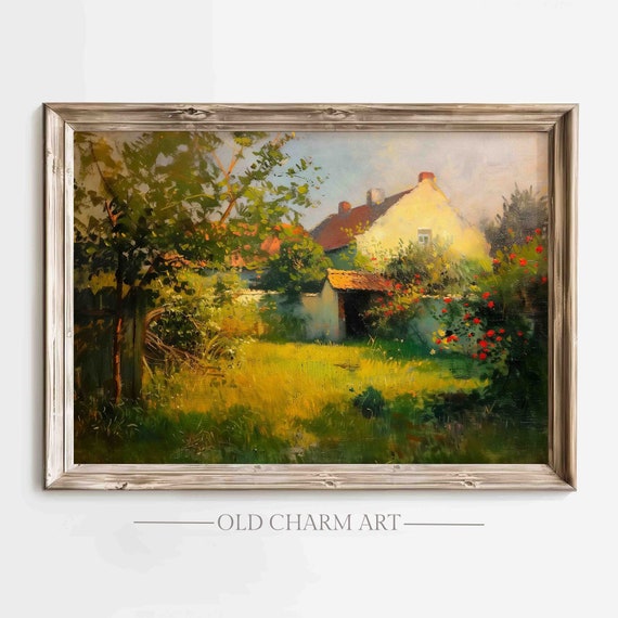 Summer Cottage Garden Painting Country Landscape Wall Art Farmhouse Decor Art Wa49