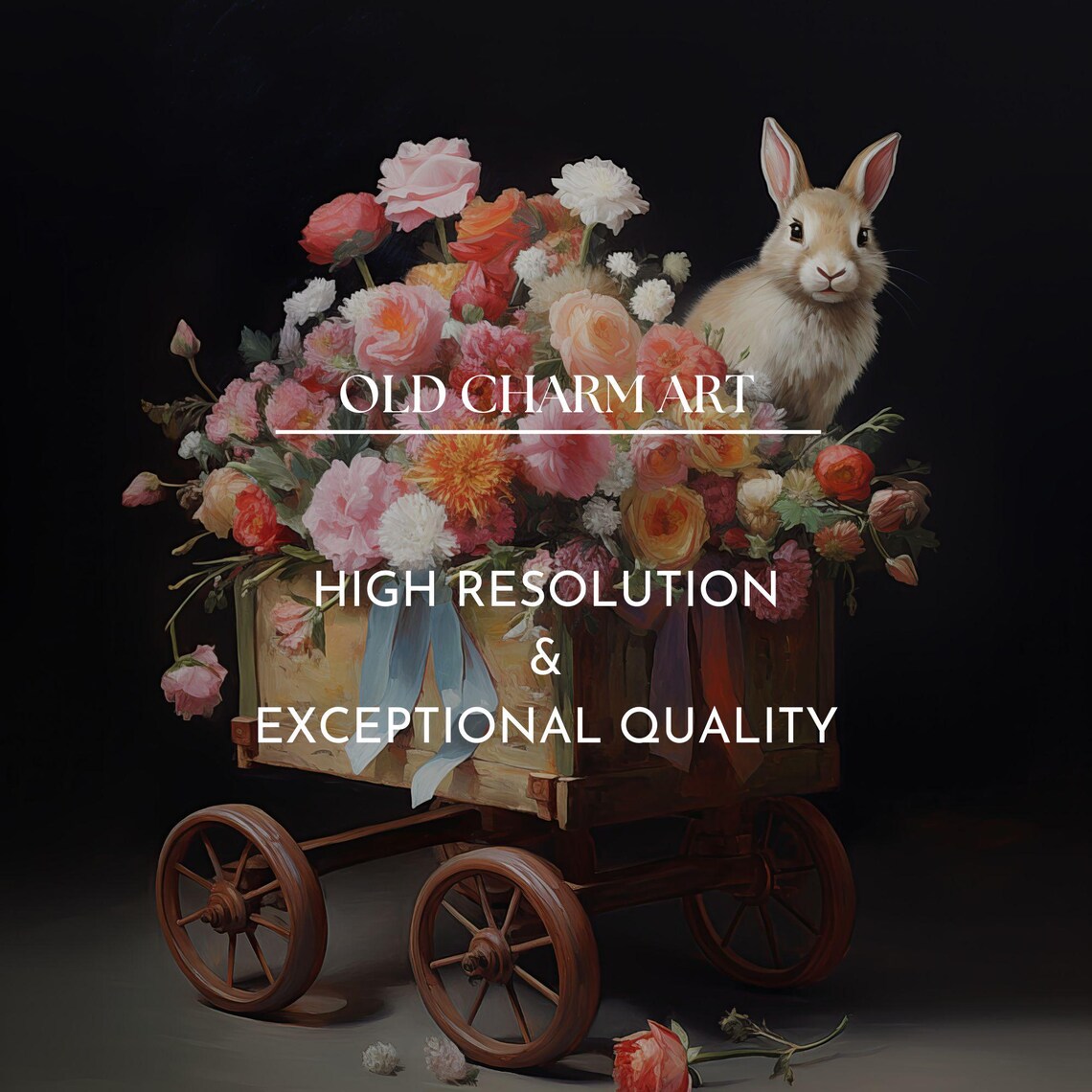 Bunny in Vintage Flower Cart Full Bloom Dark Background Wall Art Poster - Image 2