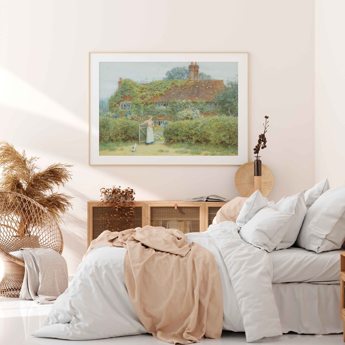 English Thatched Cottage with Ivy and Flower Garden Vintage Art Poster - Image 4