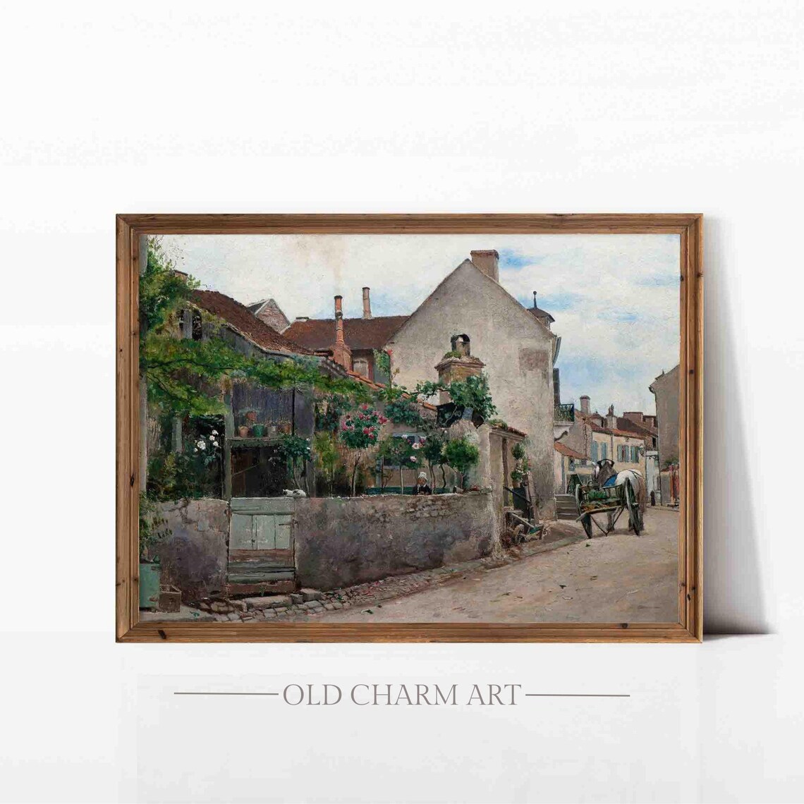 Old French Village Street Stone Houses Horse Cart Antique Art Poster