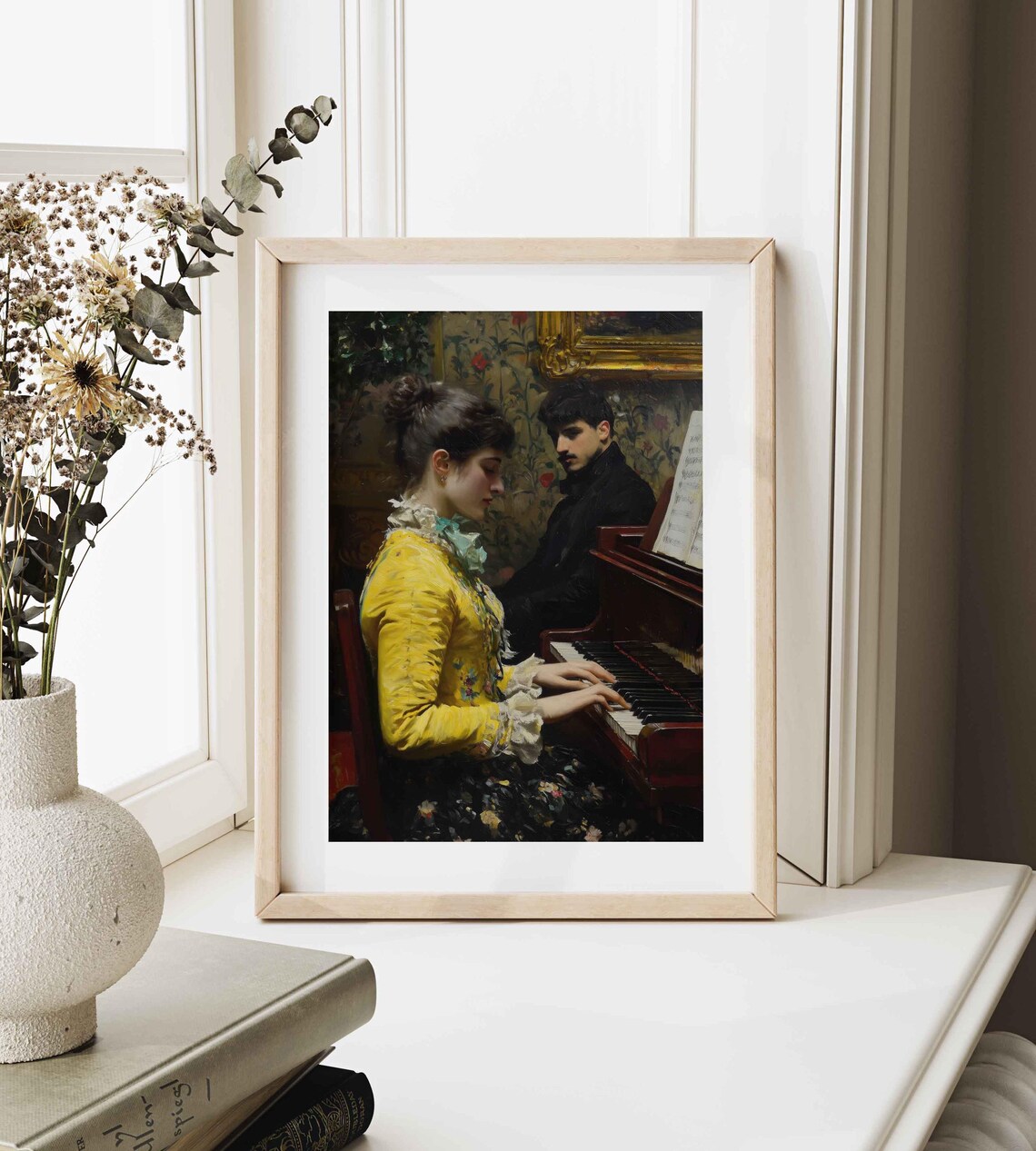 Woman In Yellow Dress Playing Piano Elegant Interior Vintage Figurative Poster - Image 3