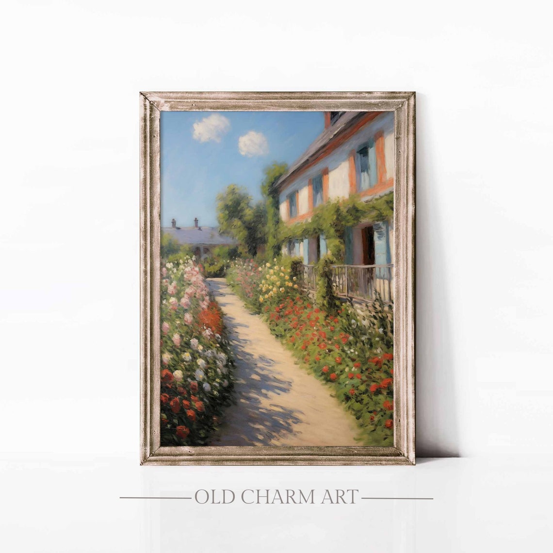 Vine Covered Country House Garden Path Red Flower Beds Summer Poster