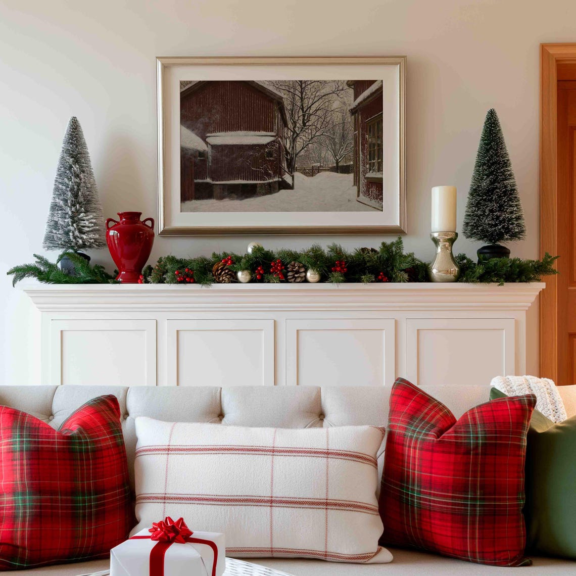 Quiet Red Barn Winter Snow Farm Vintage Landscape Painting Poster - Image 3
