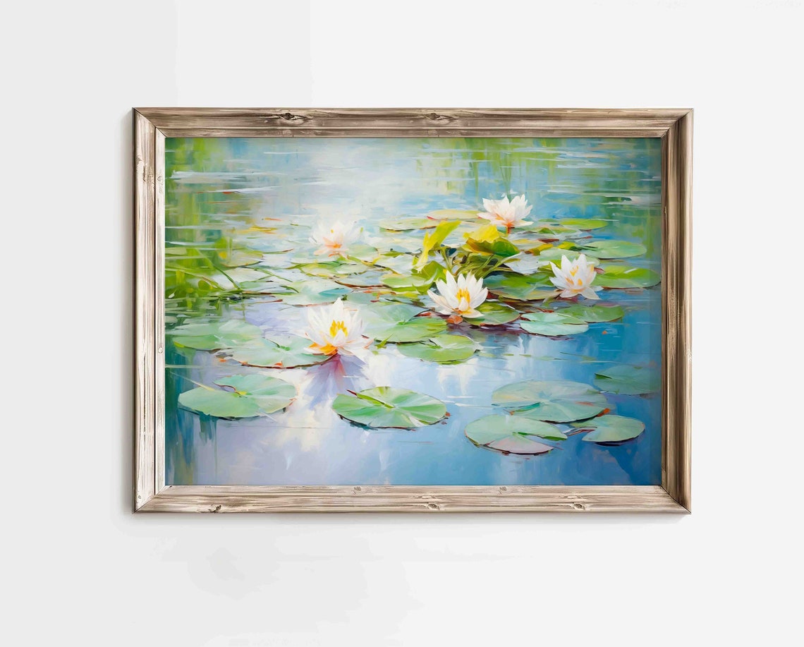 White Water Lilies On Blue Pond Lily Pads Impressionist Summer Poster - Image 3