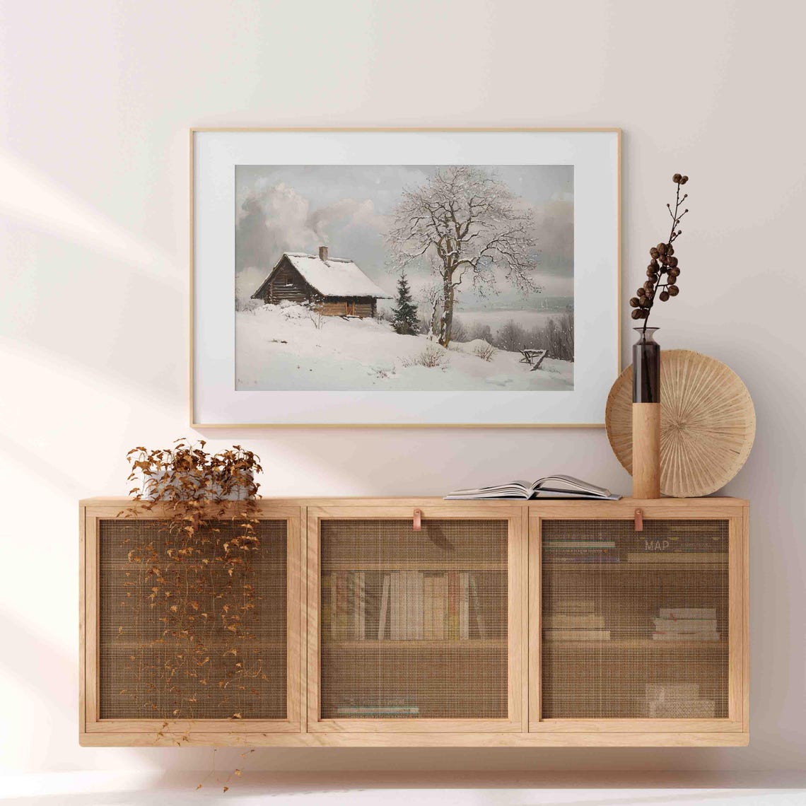 Quiet Winter Log Cabin Chimney Smoke Snowy Tree Painting Poster - Image 4