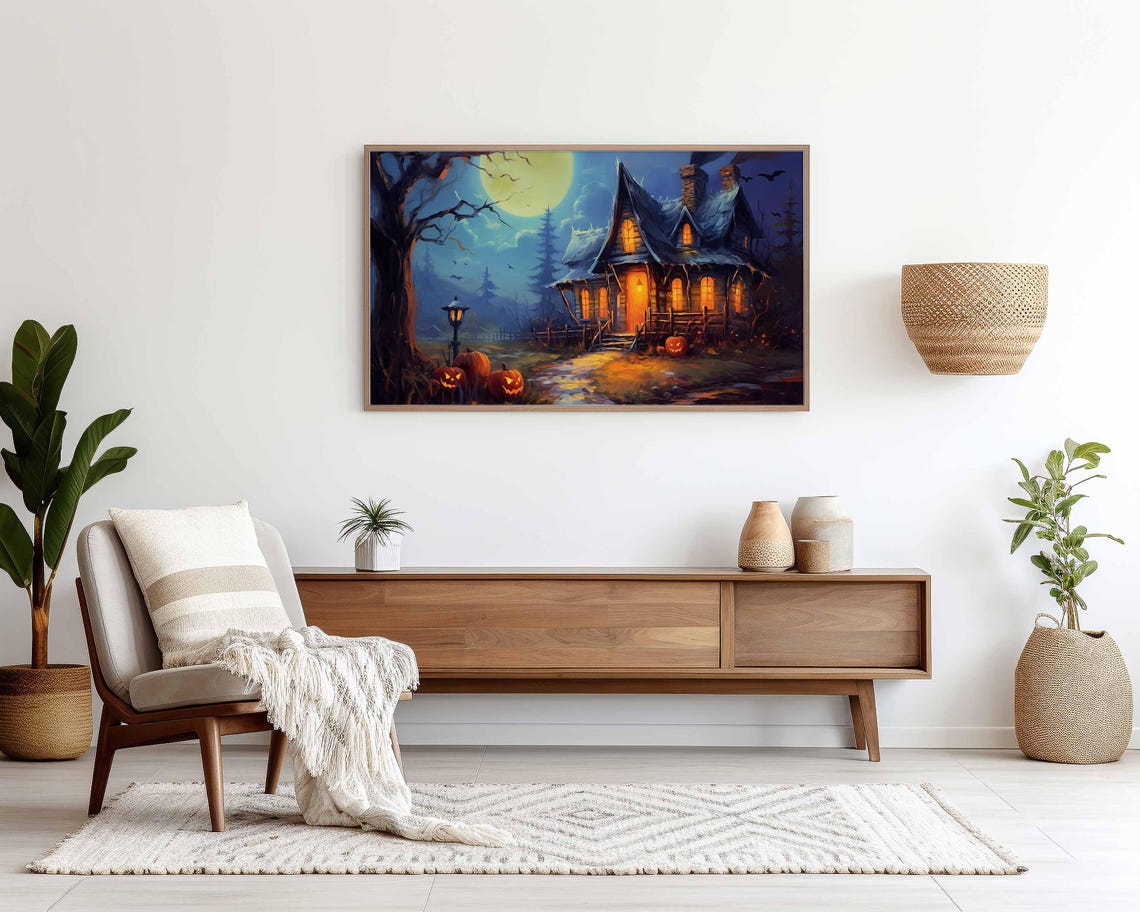 Spooky Haunted House Under A Full Moon With Jack O Lanterns Poster - Image 2