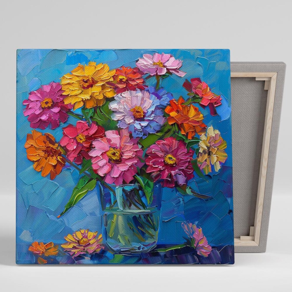 Zinnia Bouquet Bright Blue Impasto Oil Painting Floral Poster