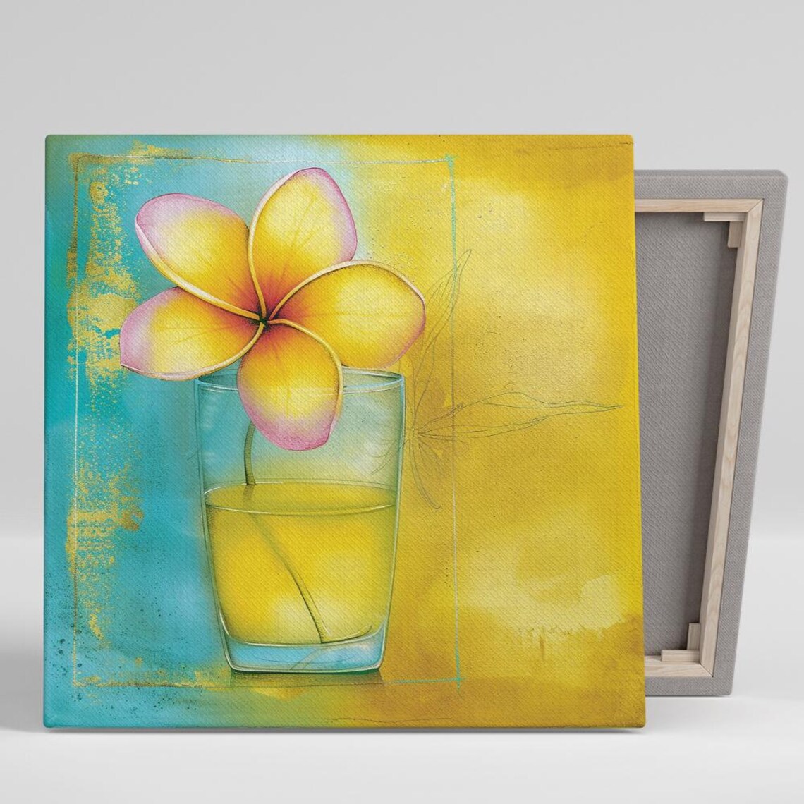 Plumeria Bloom in Glass Tropical Turquoise Yellow Minimalist Print