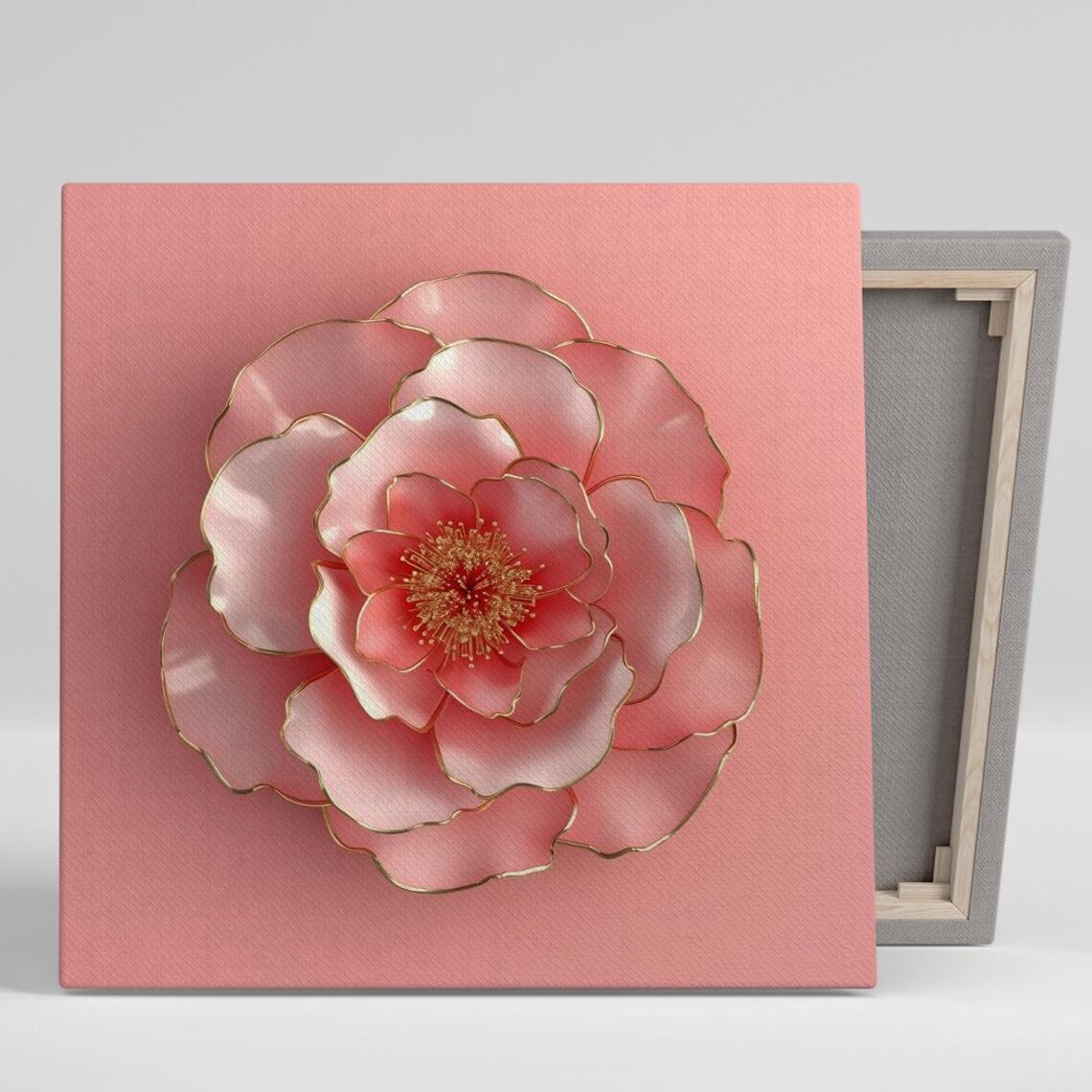 Blush Pink Peony Bloom Gold Trim Elegant Glam Floral Wall Art