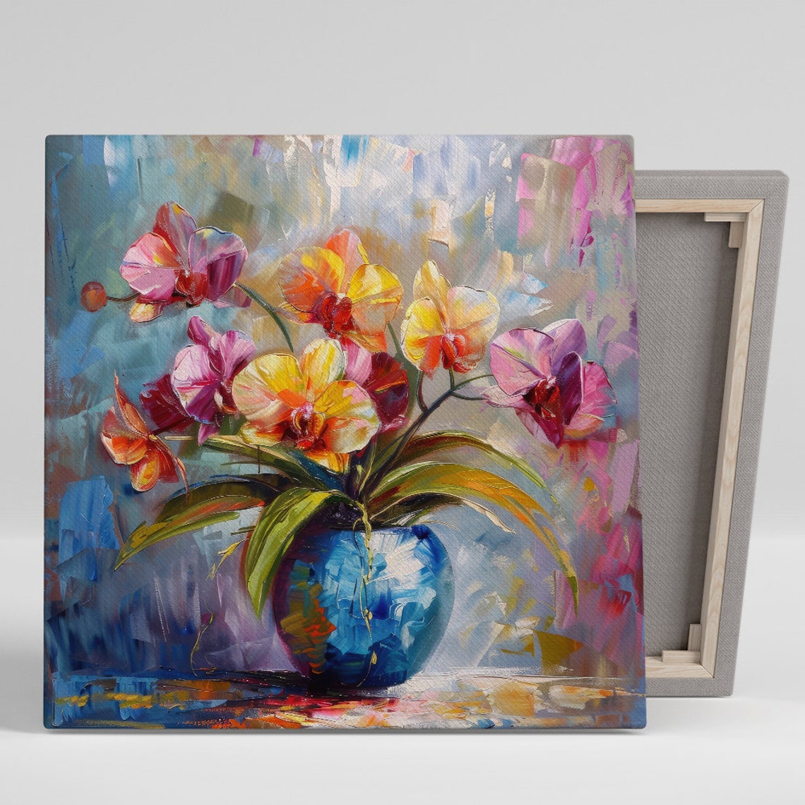 Impressionist Orchid Bouquet Pink Yellow Blooms Blue Vase Art Poster