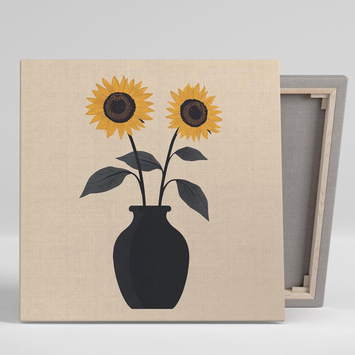 Sunflower Pair Minimalist Black Vase Beige Modern Floral Wall Poster