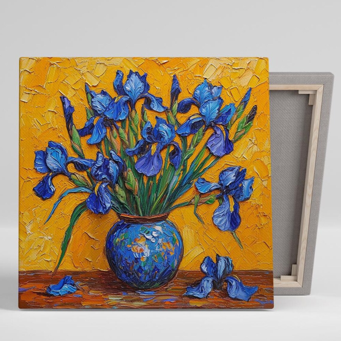 Blue Irises in Blue Vase Golden Impasto Classic Floral Wall Art