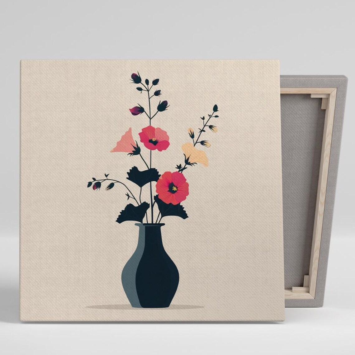 Red Poppy Stems In Dark Vase Minimal Botanical Illustration Poster