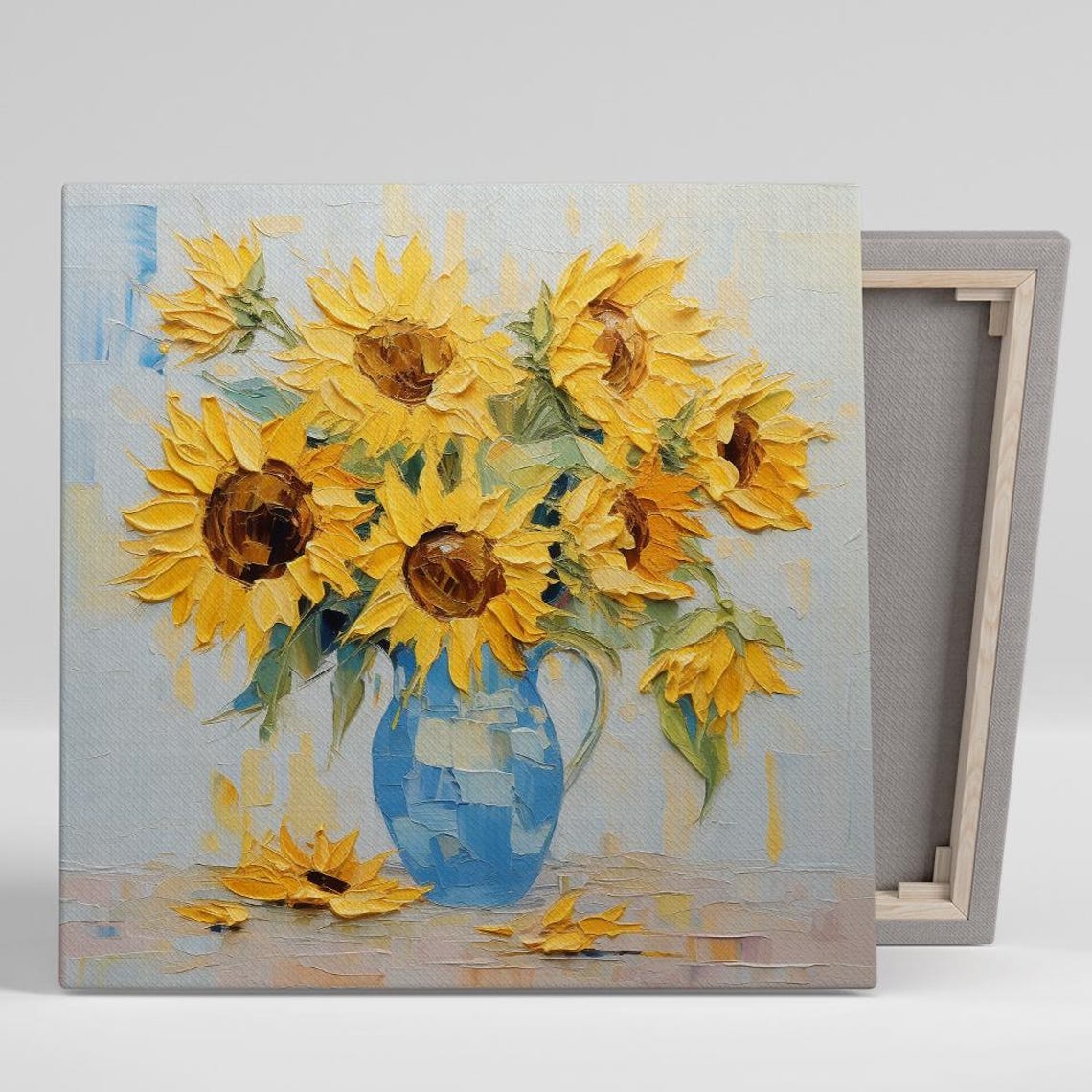 Sunflower Bouquet Impasto Blue Pitcher Textured Painted Floral Poster