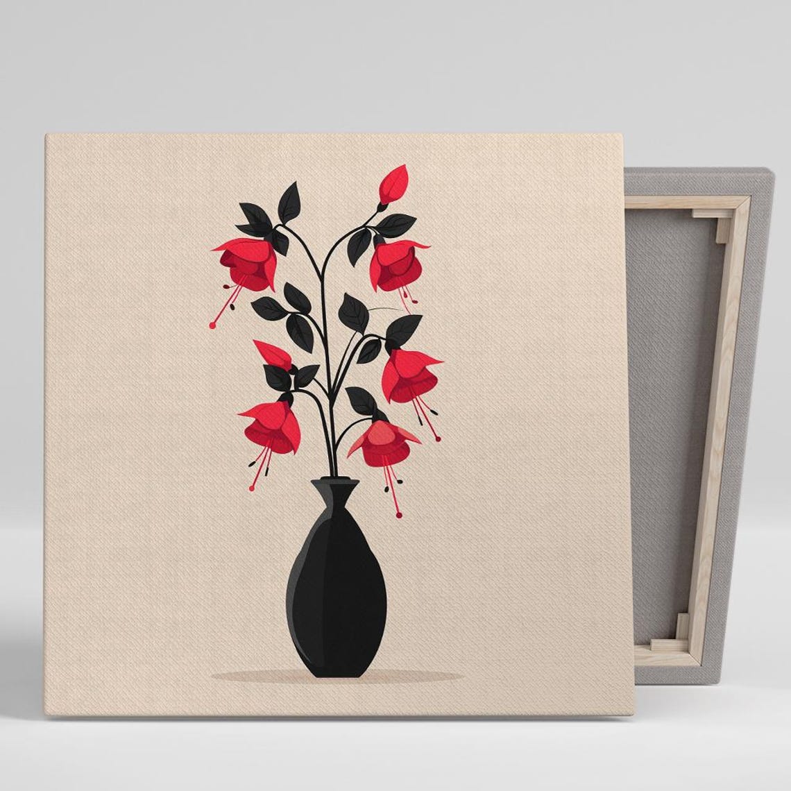 Red Fuchsia Blossoms Black Vase Minimalist Graphic Beige Art Poster