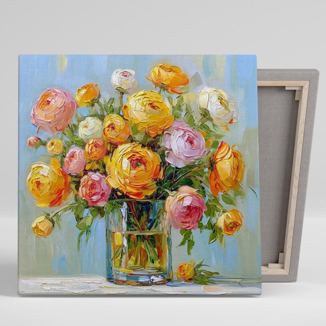 Yellow Pink Roses Bouquet in Glass Vase Soft Blue Floral Wall Art