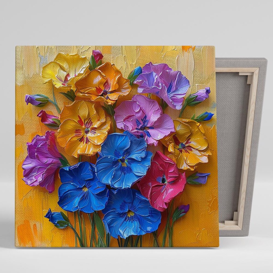 Vibrant Pansy Bloom Symphony Impasto Gold Background Colorful Poster