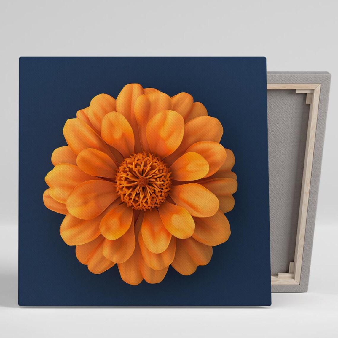Vibrant Orange Zinnia Bloom On Dark Navy Background Floral Poster