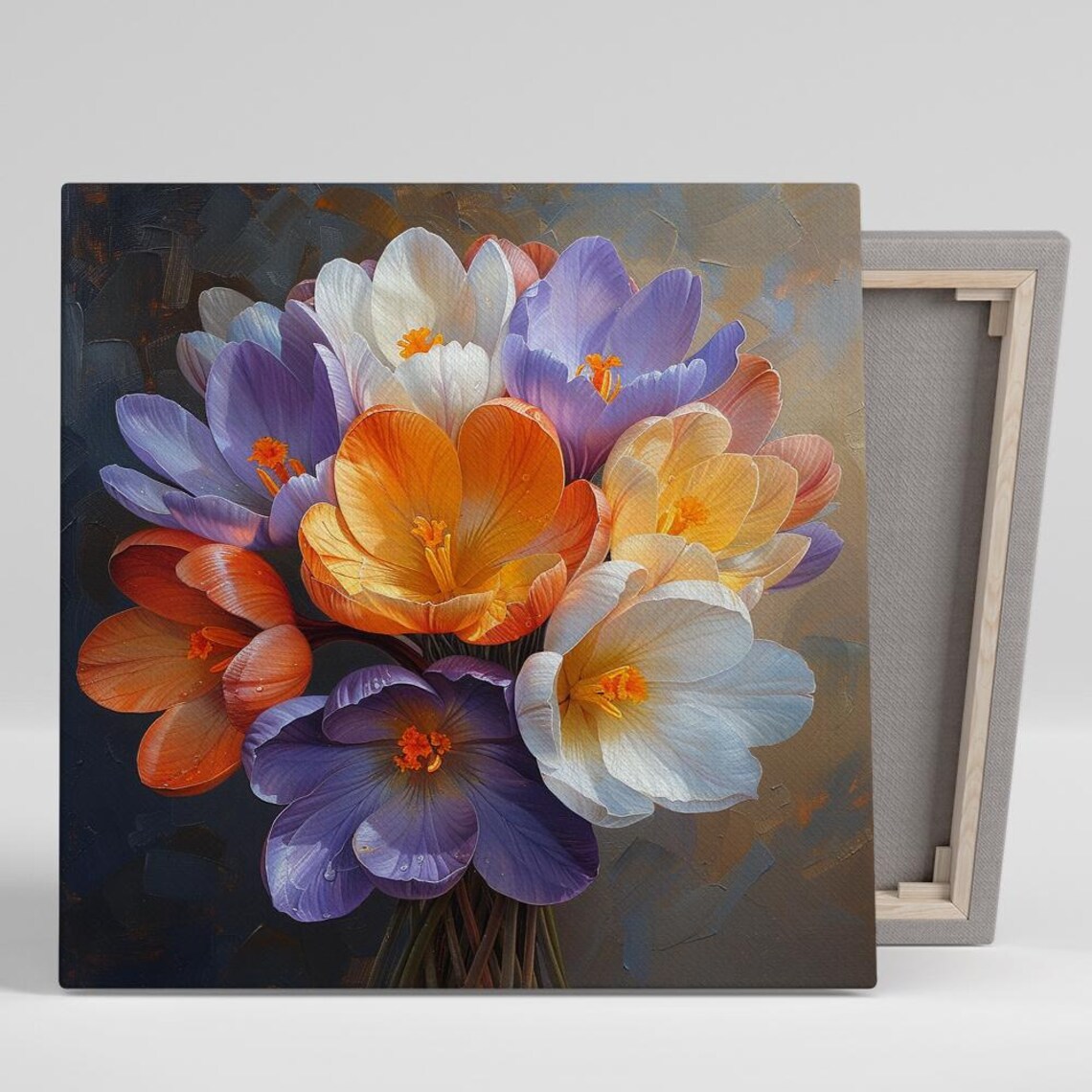 Colorful Crocus Bouquet Oil Painting Dark Moody Floral Art Wall Poster