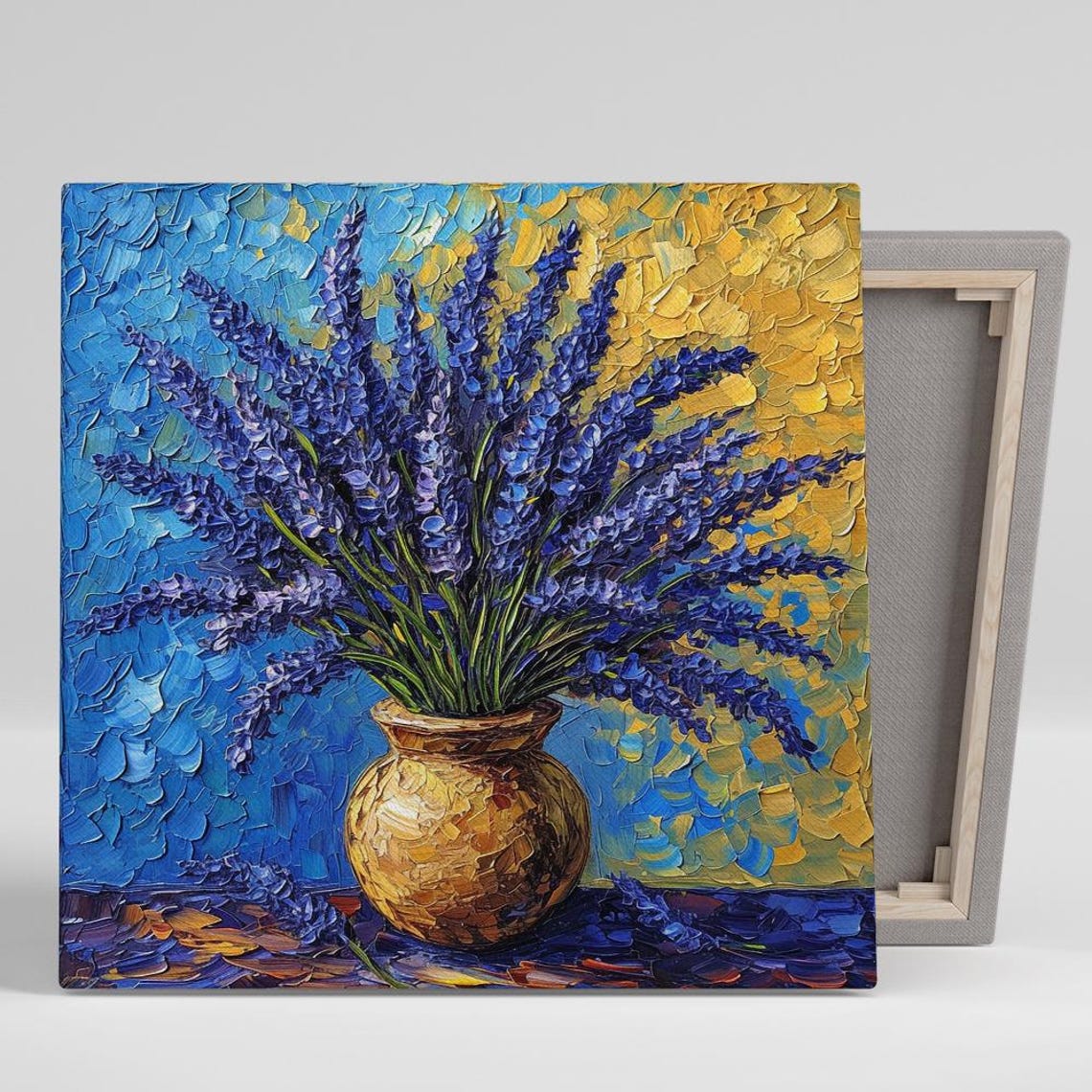 Purple Lavender Bouquet in Gold Vase Textured Floral Wall Art