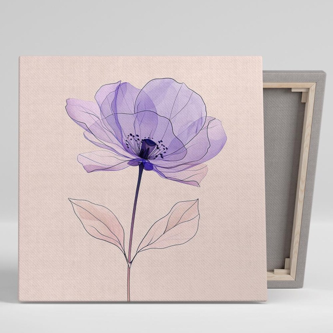 Purple Anemone Bloom Line Art on Blush Beige Minimalist Floral Print