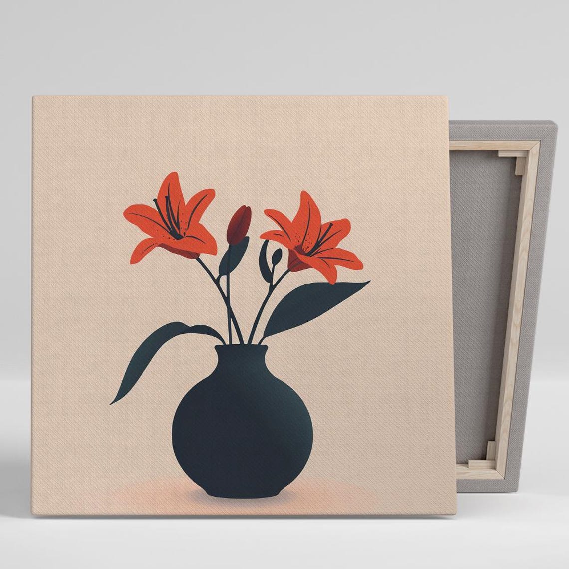 Red Lilies in Black Vase Minimalist Botanical Illustration Poster